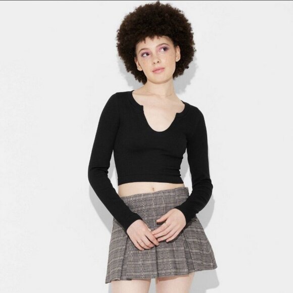 Women's Long Sleeve V-Neck Seamless Notched Top - Wild Fable Black XS - Picture 6 of 6